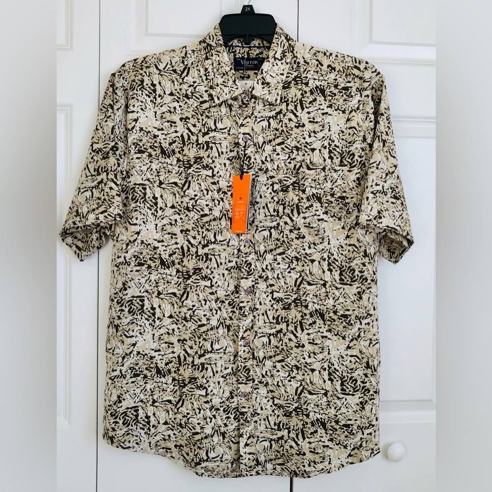 Visitor Premium Size XL Hawaiian Button Up Collared Neck Short Sleeve Taupe ps2